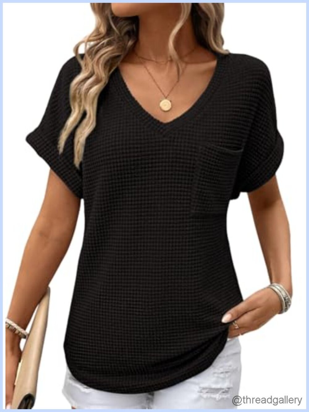 Waffle Knit Tunic Top Womens V Neck Short Sleeve Loose Fit Casual Basic Tee
